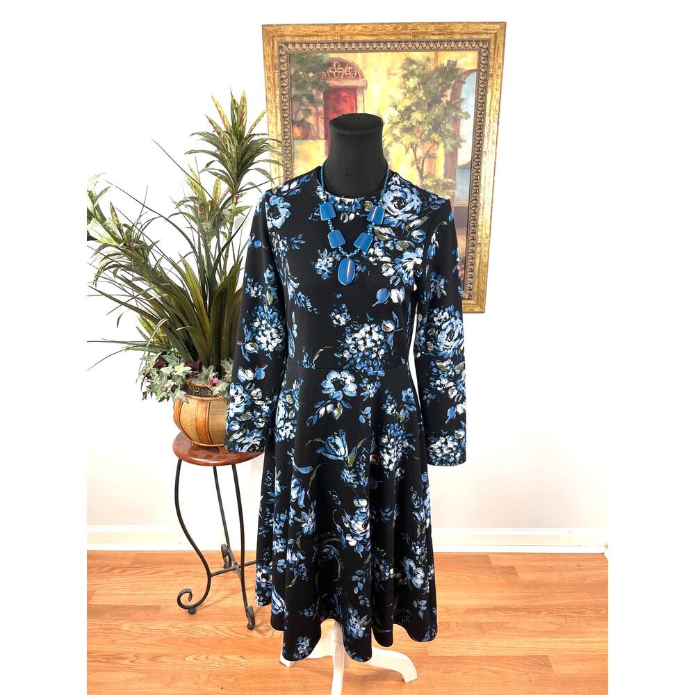 Genny Fit & Flare Dress Women's M Multi Floral Round Neck Long Sleeve Whimsigoth